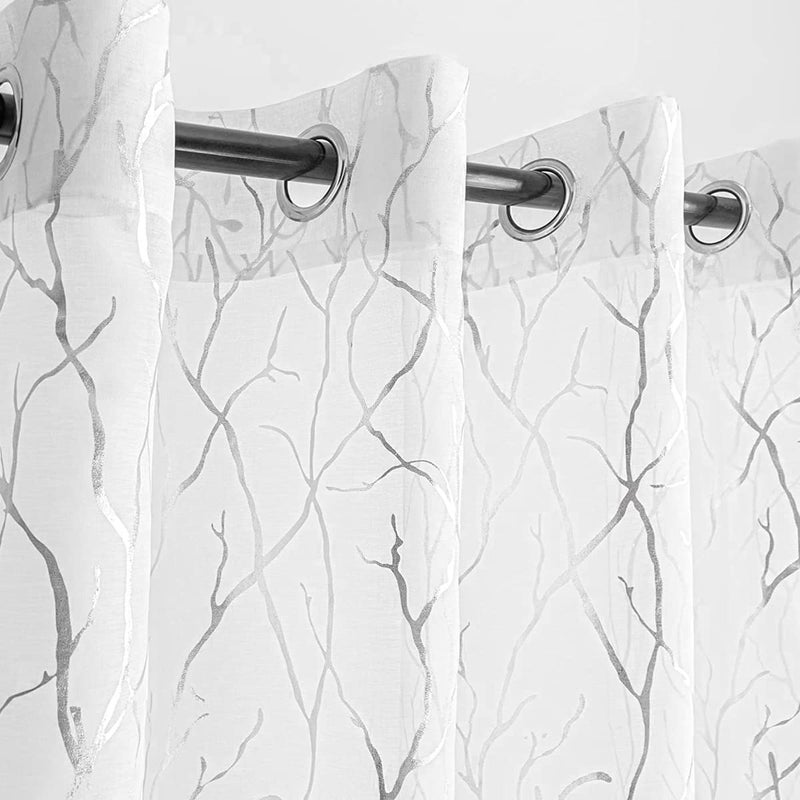 Kotile Silver White Sheer Curtains 84 Inches Long - Printed Classy Silver Tree Branch Curtains for Bedroom Grommet Top Window Tree Curtains for Living Room, 52 x 84 Inch, 2 Panels, Silver and White - Image 1